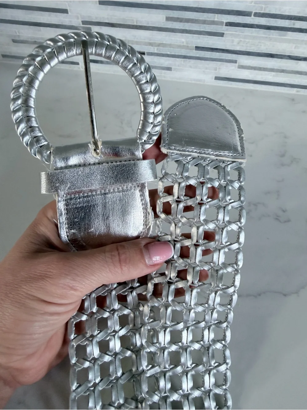 Women’s Metallic Silver Braided Round Buckle Belt size XL 46”